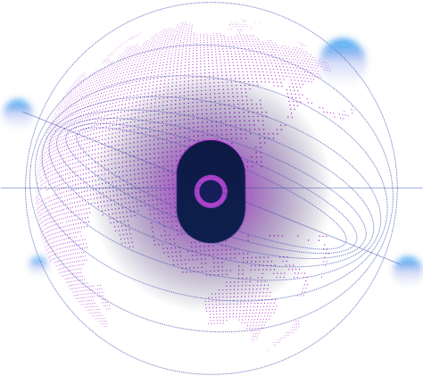 Cranium logo icon with purple dotted digital texture and blue floating orbs