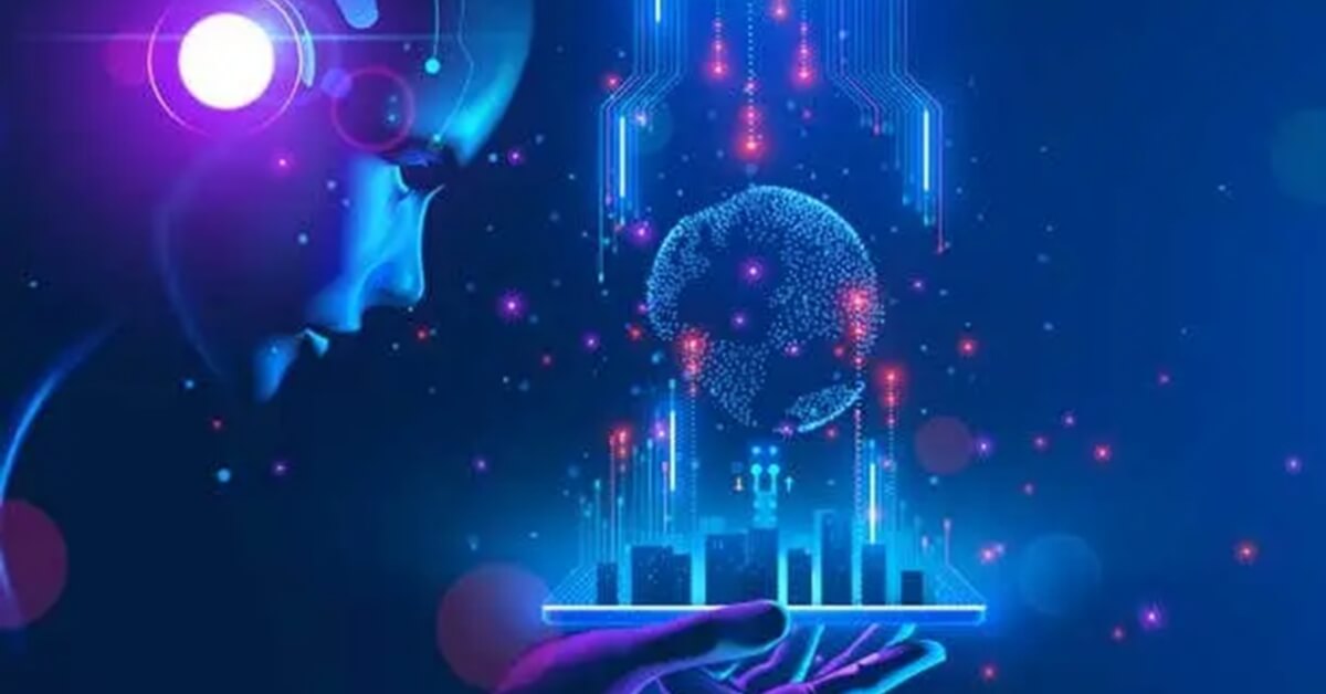 AI robot holding a digital texture globe above a abstract tech platform