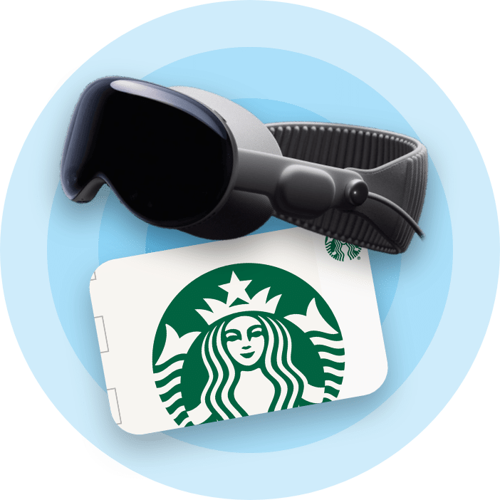 a virtual reality headset and Starbucks gift card